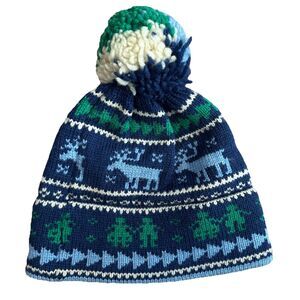 Vintage Heads Up Knit Ski Hat Beanie 100% Wool by L. Quest Smith Pom